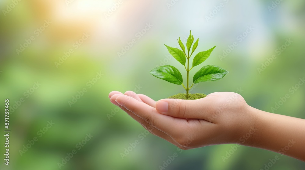 A hand holding a small plant in its palm. Concept of nurturing and growth, as the person is taking care of the plant A hand holding a small plant in its palm. Concept of nurturing and growth, as the person is taking care of the plant