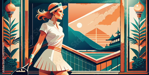In front of a window, a woman holds a tennis racquet. A woman, standing in front of a window, is holding a tennis racquet. The room is decorated with patterns and art, and there is a display device