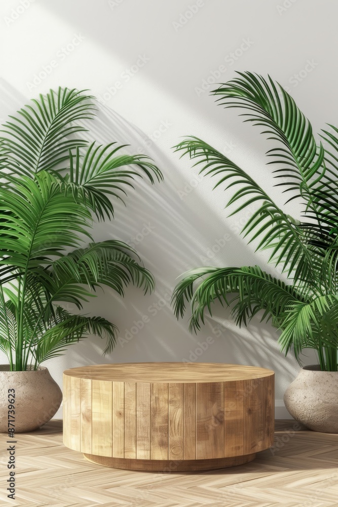 A modern living room featuring palm trees and a sleek coffee table A modern living room featuring palm trees and a sleek coffee table