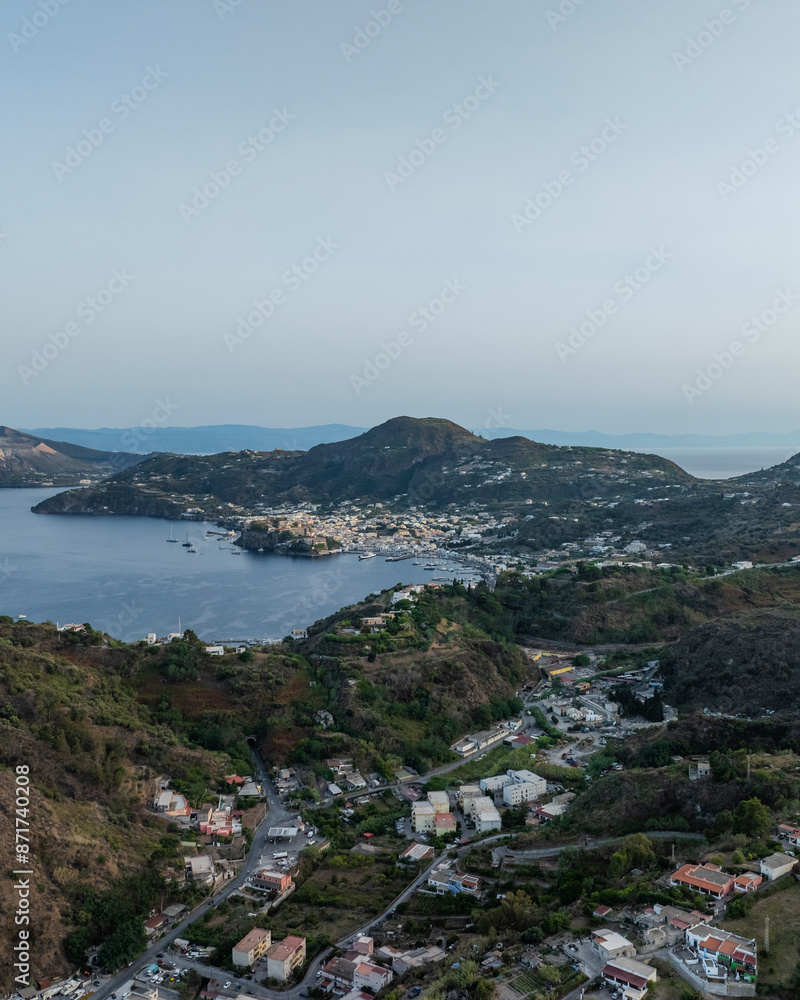 Aerial view of Lipari island at sunset, Aeolian Islands archipelagos, Sicily, Italy. Aerial view of Lipari island at sunset, Aeolian Islands archipelagos, Sicily, Italy.