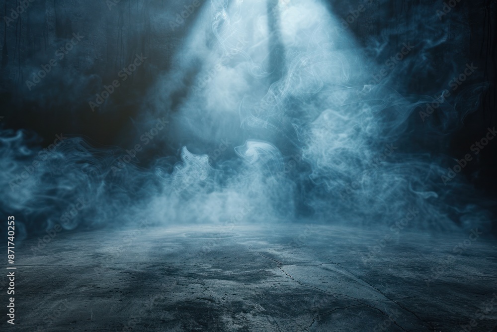 A dark room with a blue smokey haze A dark room with a blue smokey haze