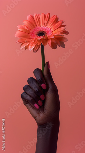 Pink gerbera in hand with dark skin against pink background, floral minimalism still life fashion photography