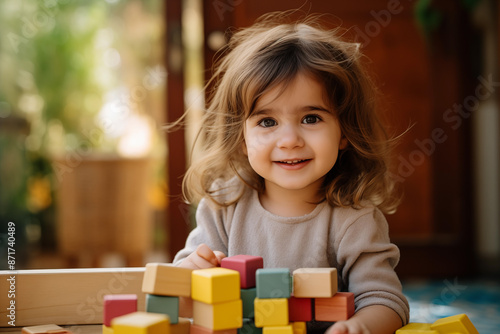 Children baby toddler playing building blocks and toys and smiling laughing. Cute one two years old baby with dark and light hair. Early education. Happy activity childhood. 