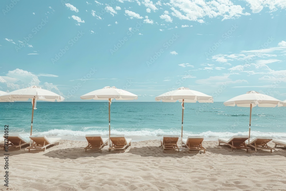 Fototapeta premium A beach scene with four white umbrellas and several lounge chairs