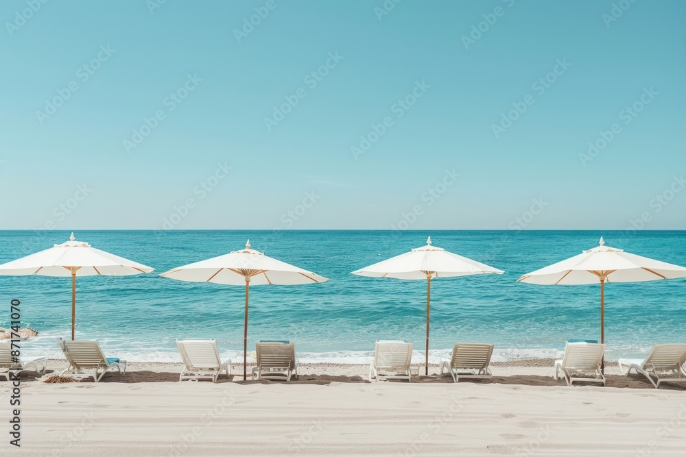 A beach scene with four white umbrellas and several white beach chairs