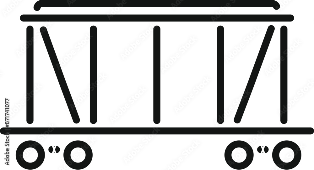 Simple line drawing of an empty train car with a flat platform waiting at a train depot to be loaded with goods for shipping Simple line drawing of an empty train car with a flat platform waiting at a train depot to be loaded with goods for shipping