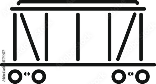 Simple line drawing of an empty train car with a flat platform waiting at a train depot to be loaded with goods for shipping