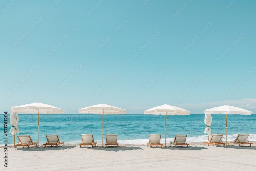 Obraz premium A beach scene with a row of white umbrellas and chairs