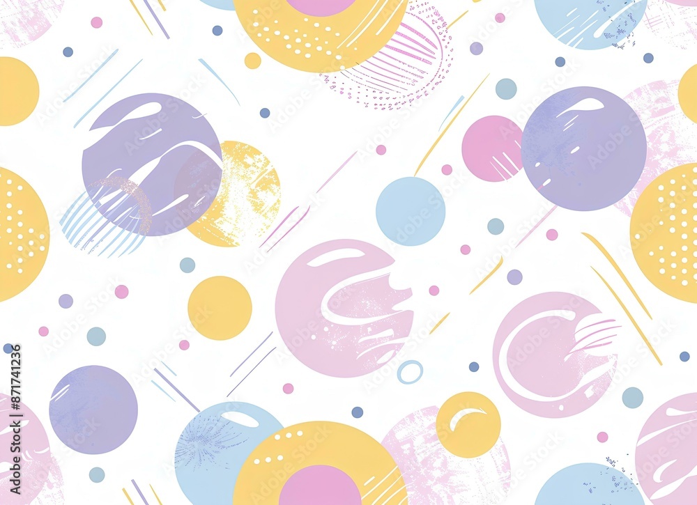 Colorful pastel geometric background pattern with circles, dots and chevron shapes in light pink, yellow, and purple colors, cute summer pattern for design, colors reminiscent of 80s retro posters Colorful pastel geometric background pattern with circles, dots and chevron shapes in light pink, yellow, and purple colors, cute summer pattern for design, colors reminiscent of 80s retro posters