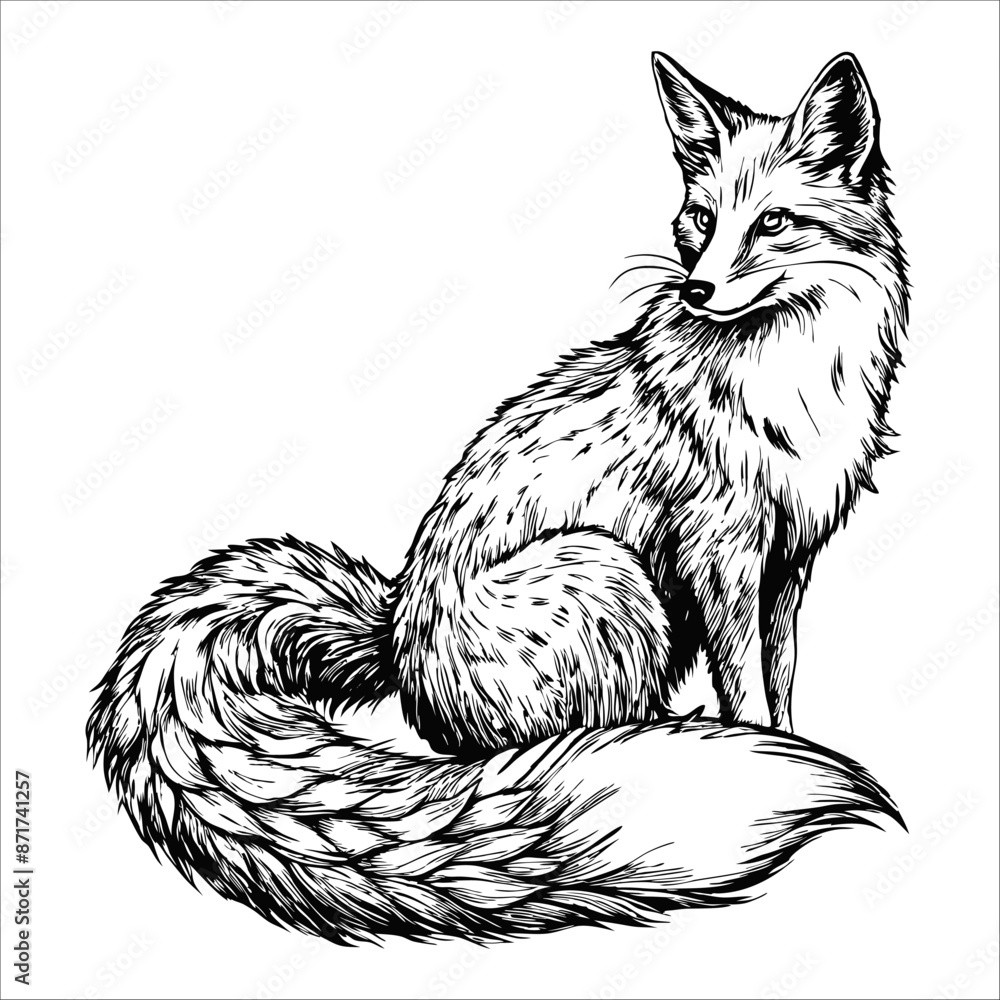 Obraz premium Sketch of a fox with a bushy tail curled around its body, on a white background