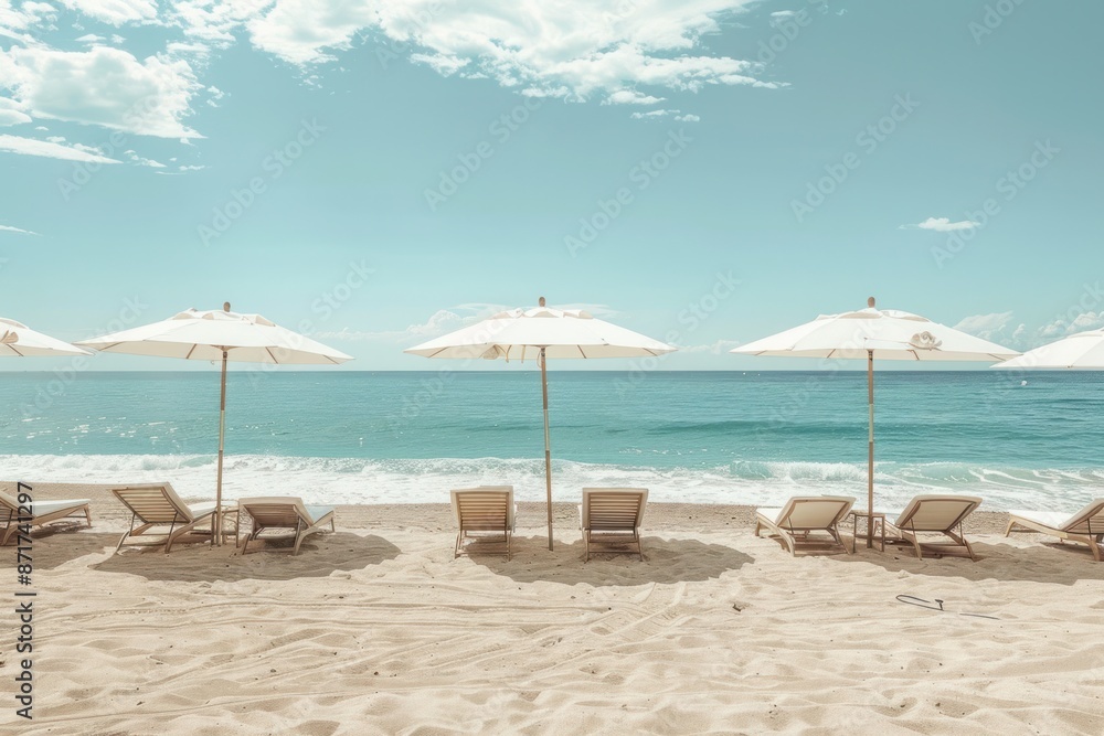 A beach scene with several white umbrellas and chairs A beach scene with several white umbrellas and chairs