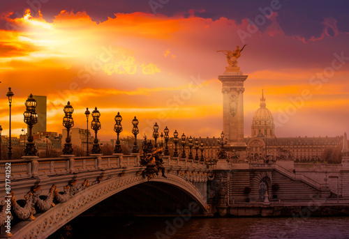 Alexandre III Bridge at sunset , Paris France