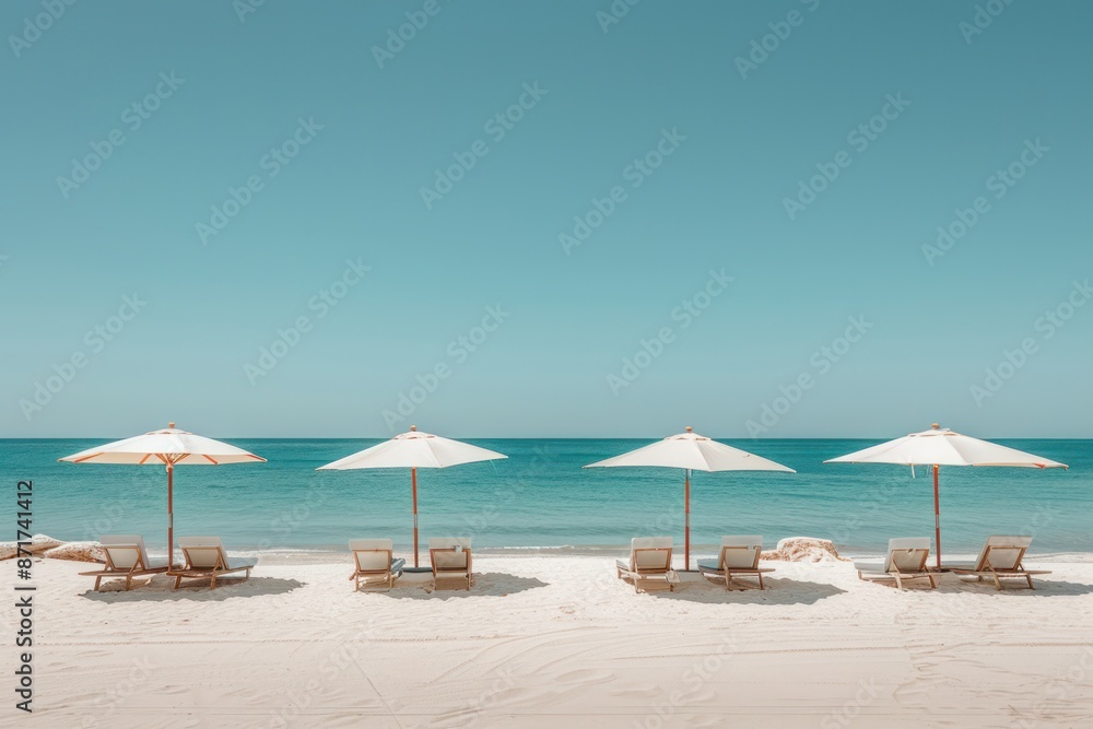 Fototapeta premium A beach scene with four umbrellas and four lounge chairs