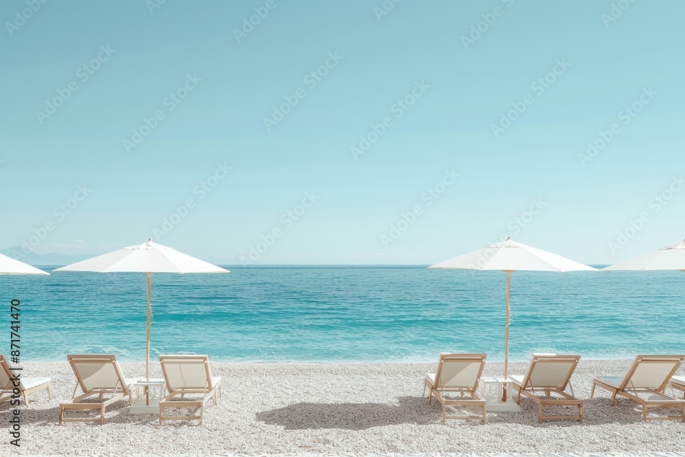 A beach scene with several white umbrellas and chairs A beach scene with several white umbrellas and chairs