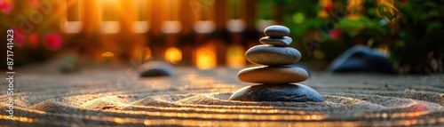 Minimalist Zen garden featuring arranged rocks and meticulously raked sand