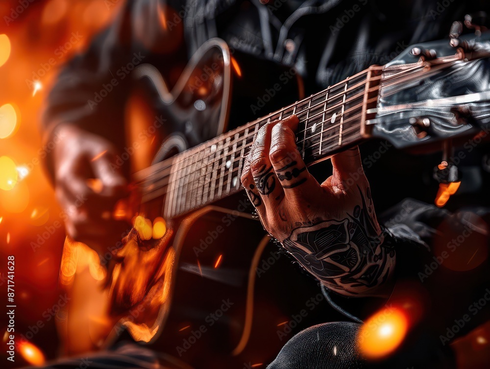Obraz premium Musician passionately playing an acoustic guitar on a dimly lit stage