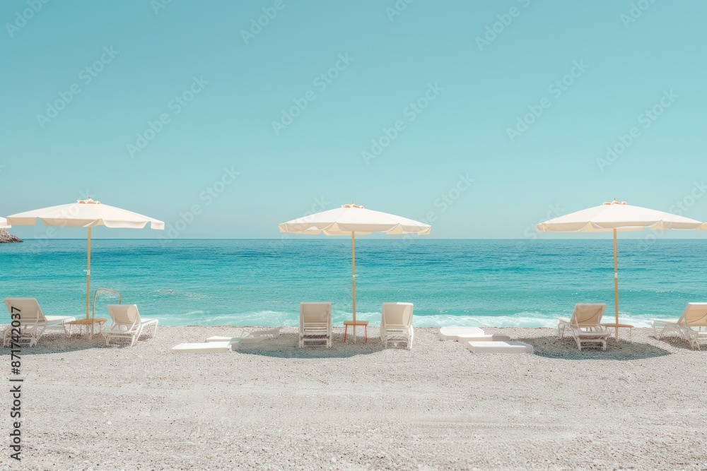 A beach with three umbrellas and several chairs A beach with three umbrellas and several chairs