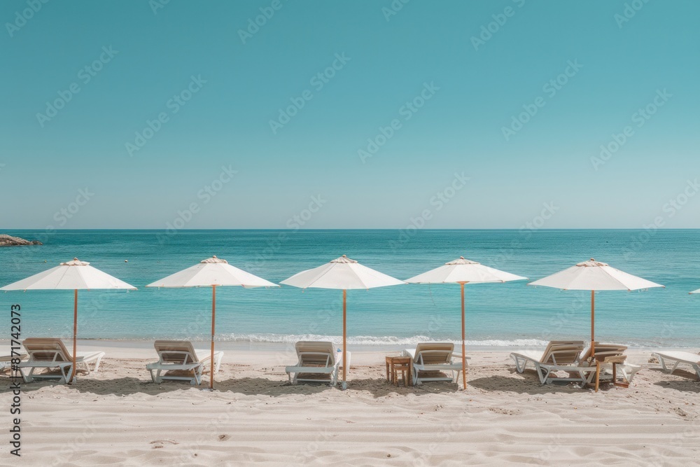 A beach scene with five white umbrellas and several lounge chairs A beach scene with five white umbrellas and several lounge chairs