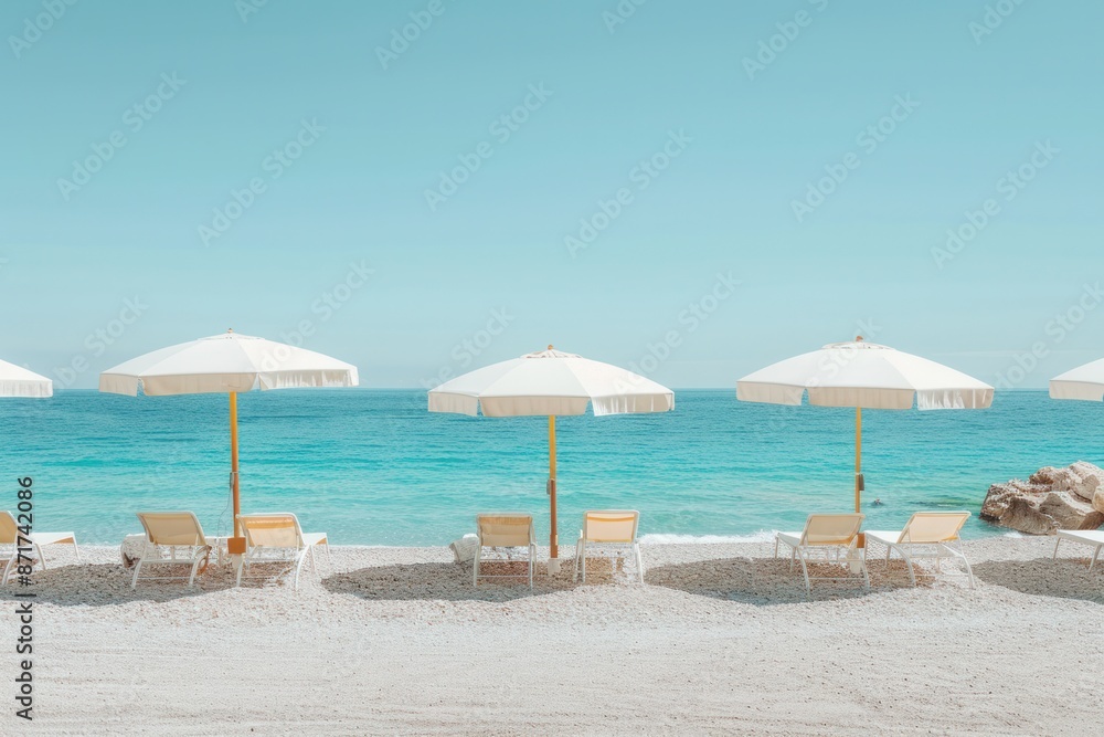A beach scene with several white umbrellas and chairs A beach scene with several white umbrellas and chairs
