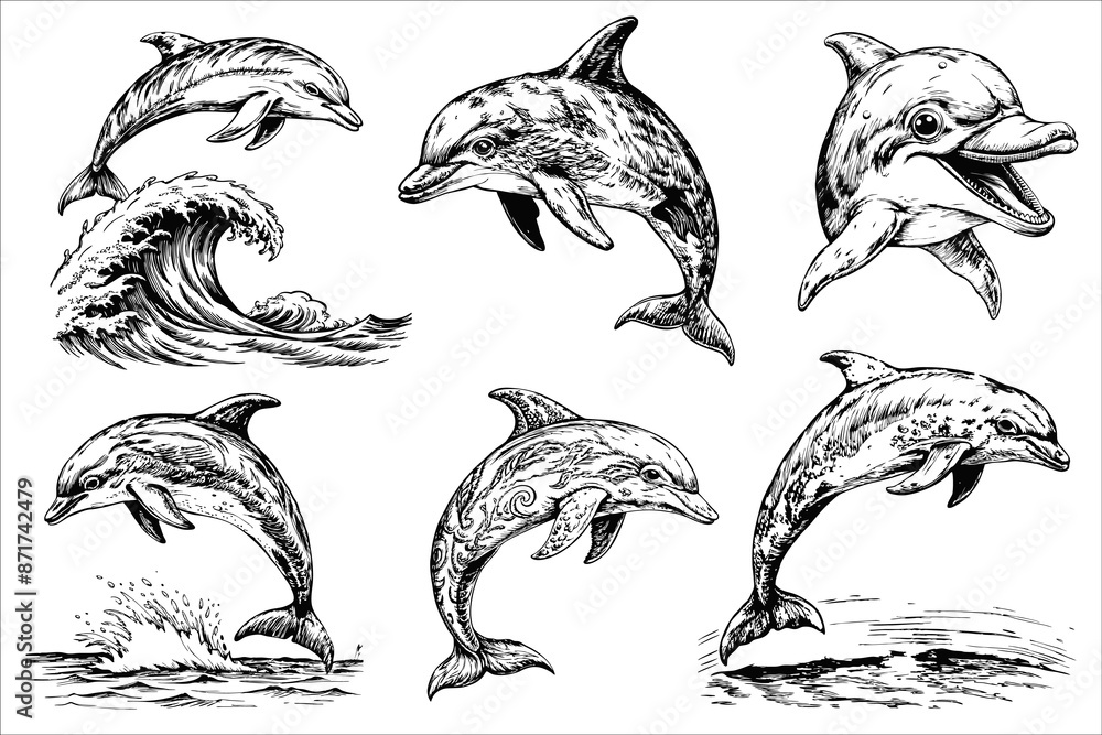 Naklejka premium Sketch set of dolphin on white background