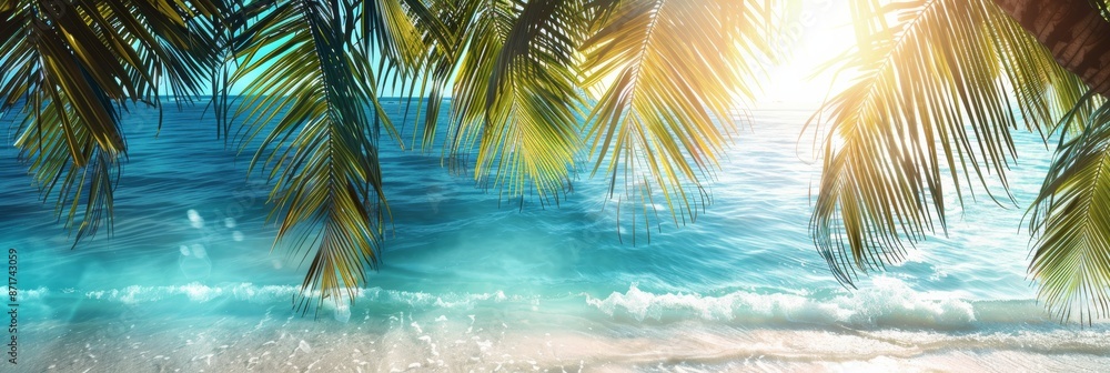 Serene tropical beach scene with palm leaves and turquoise water, summer vibes Serene tropical beach scene with palm leaves and turquoise water, summer vibes