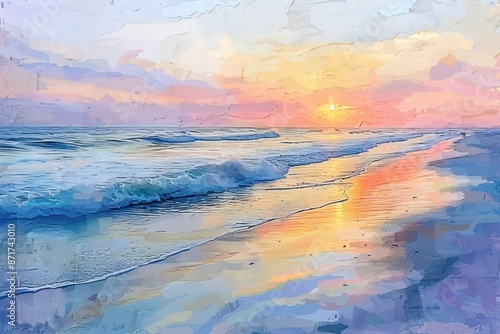Fototapeta Naklejka Na Ścianę i Meble -  A painting of a beach with a sunset in the background