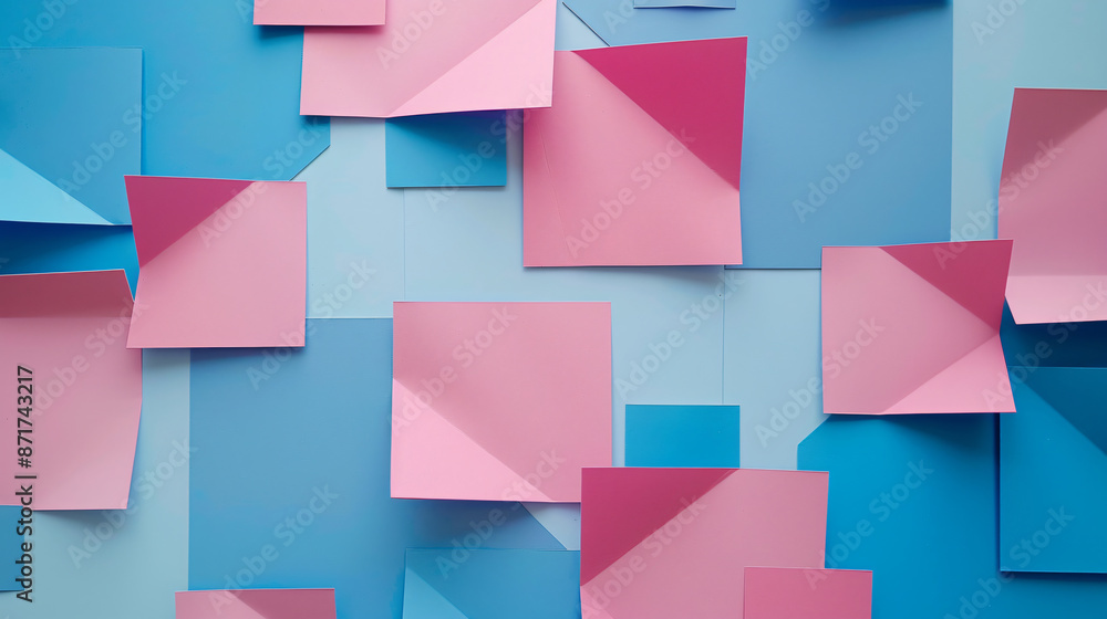 Abstract background with blue, pink, and magenta paper squares in a geometric pattern Abstract background with blue, pink, and magenta paper squares in a geometric pattern