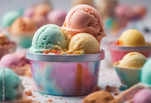 colorful and delicious ice cream in an ice cream container, isolated on white background, ad shot