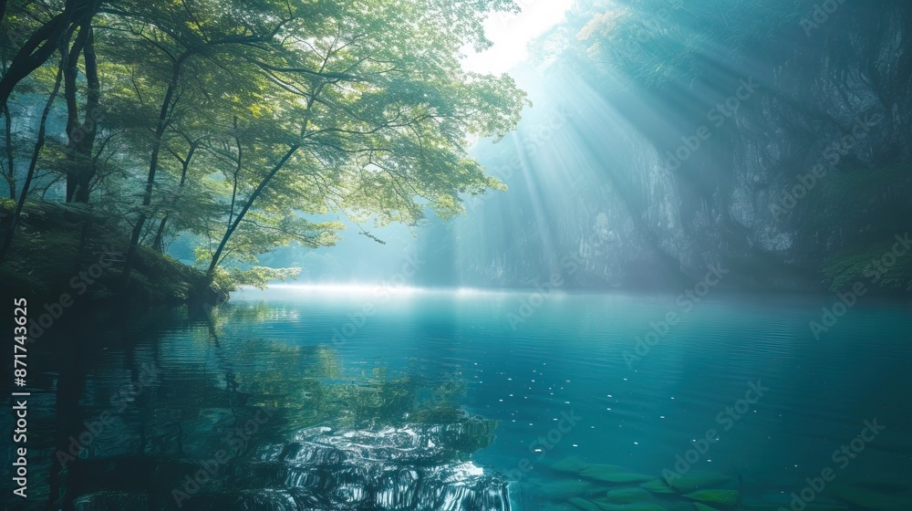 A serene lake surrounded by lush trees with sunlight streaming through, creating a peaceful and tranquil atmosphere. A serene lake surrounded by lush trees with sunlight streaming through, creating a peaceful and tranquil atmosphere.