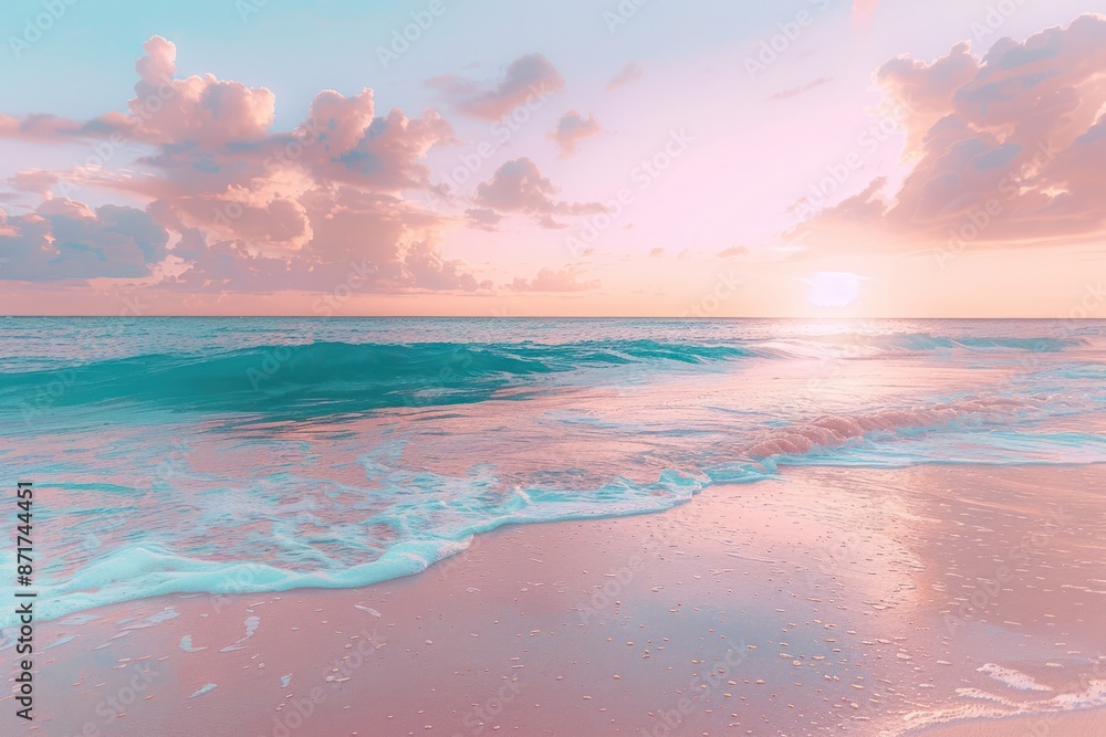 A beautiful beach with a pink and blue sky A beautiful beach with a pink and blue sky