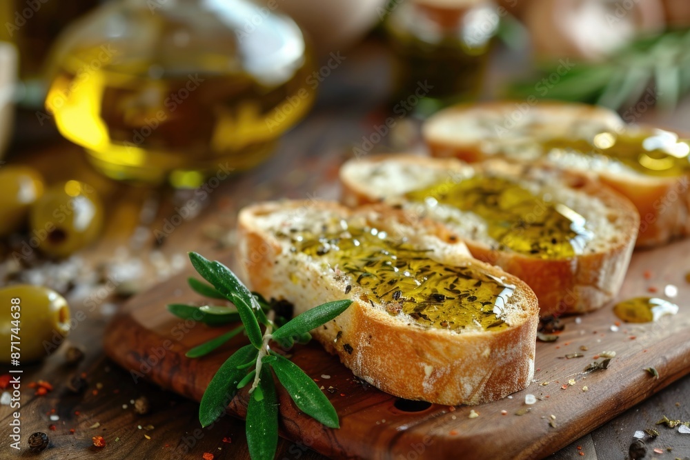 Italian Olive Oil. Slice of Bread Seasoned with Olive Oil on Wooden Background Italian Olive Oil. Slice of Bread Seasoned with Olive Oil on Wooden Background