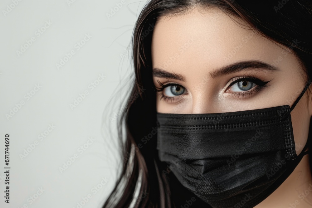 Model Mask. European Young Woman in Black Medical Mask with Dark Hair on White Background Model Mask. European Young Woman in Black Medical Mask with Dark Hair on White Background