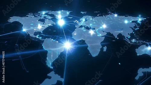 A global map focusing on bright dots showing the network connections of data centers