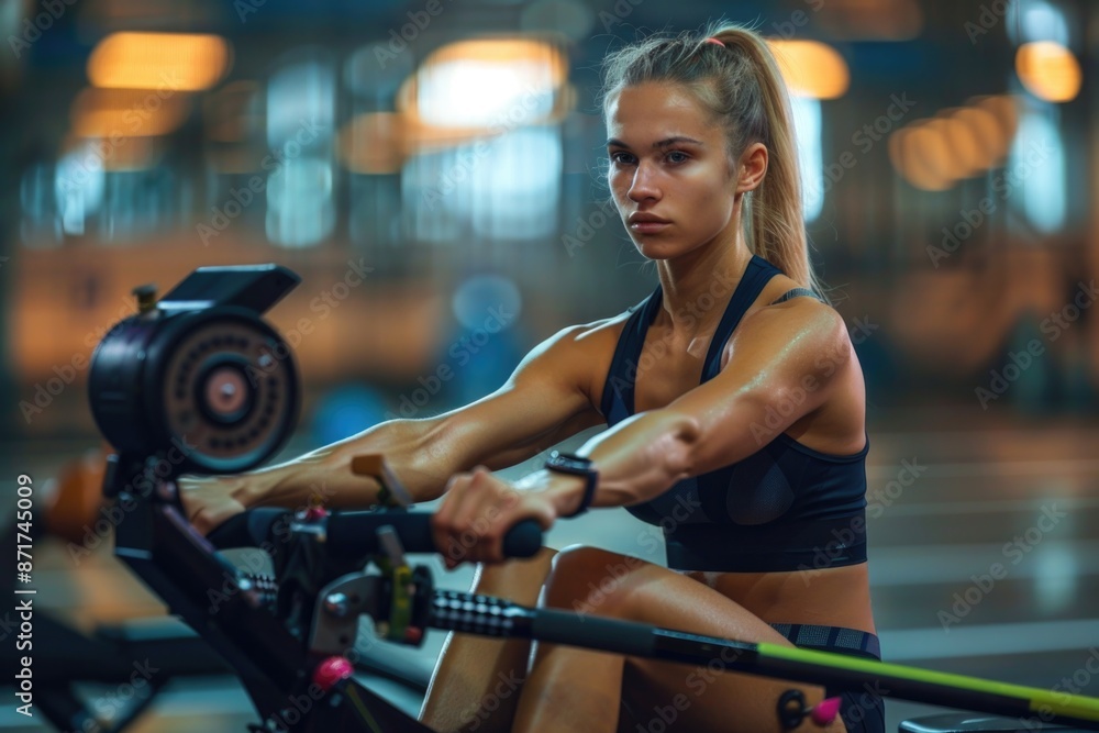 Fototapeta premium Working Out Alone. Young Beautiful Caucasian Sportswoman Exercising on Rowing Machine