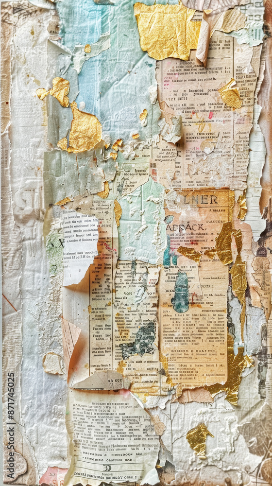Fashionable background with a collage of torn paper from magazines, variety of patterns. Pastel colours. Generative AI Fashionable background with a collage of torn paper from magazines, variety of patterns. Pastel colours. Generative AI