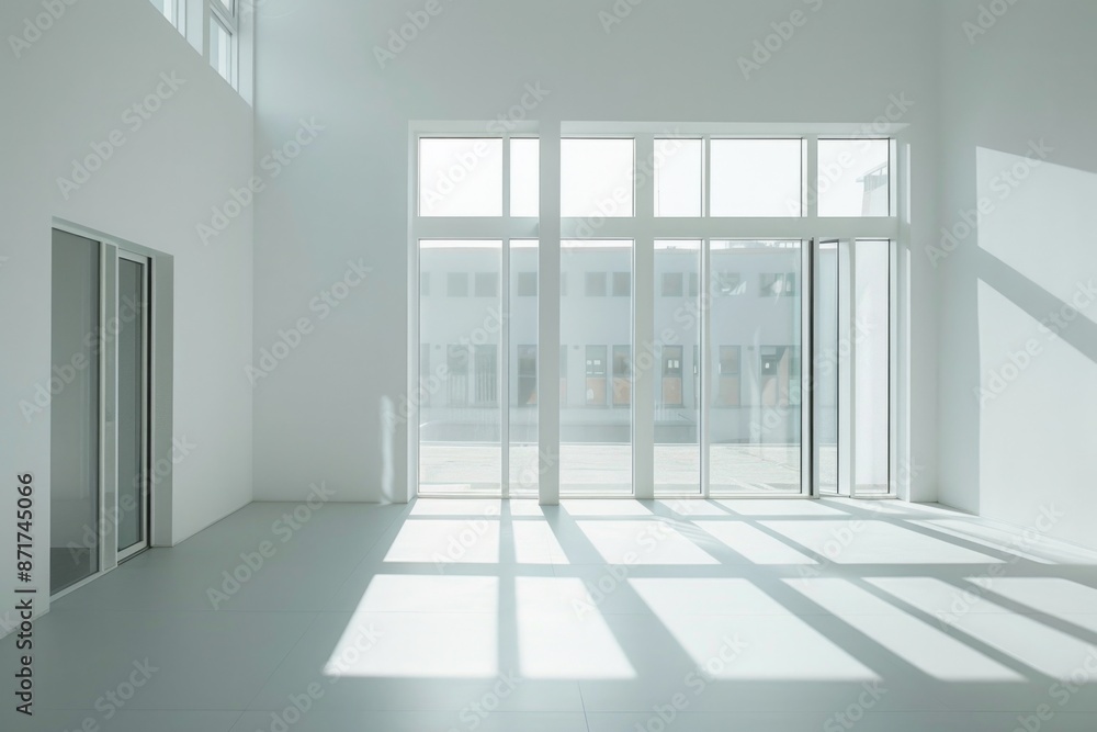 Fototapeta premium Big White Room. Minimalistic Interior Design with Roomy Space and Glass Door