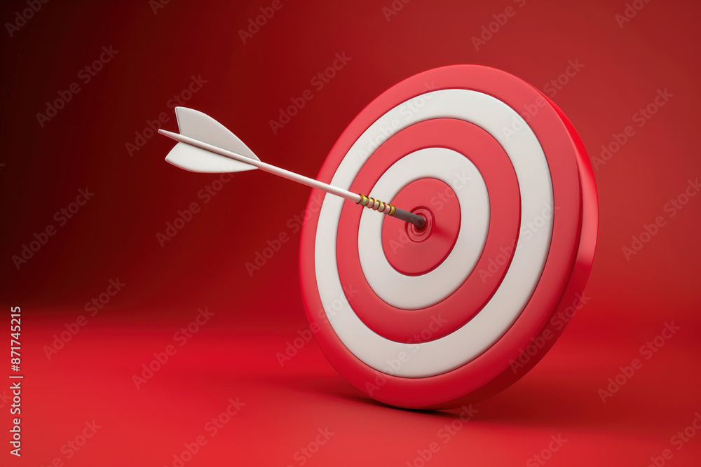 White arrow hits the bullseye on a red target, symbolizing precision and success in business and marketing. This 3d render inspires motivation and growth White arrow hits the bullseye on a red target, symbolizing precision and success in business and marketing. This 3d render inspires motivation and growth