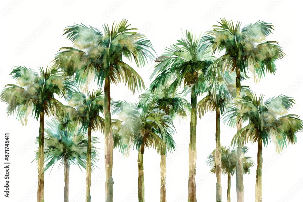 Obraz premium Watercolor painting of palm trees with lush green leaves reaching towards a clean white background