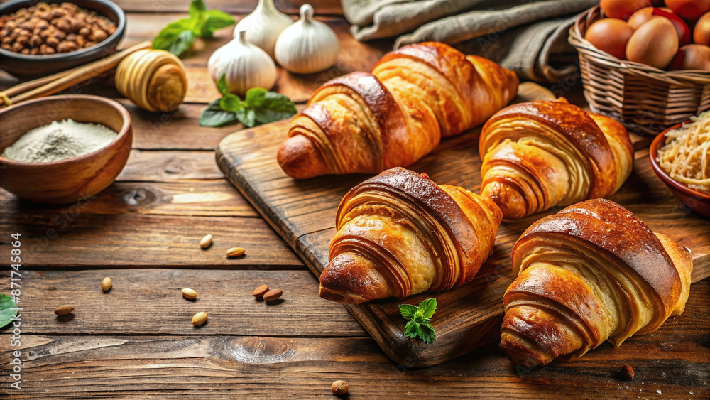 Several croissants on top with food ingredients on a wooden table Leave space for text. Several croissants on top with food ingredients on a wooden table Leave space for text.