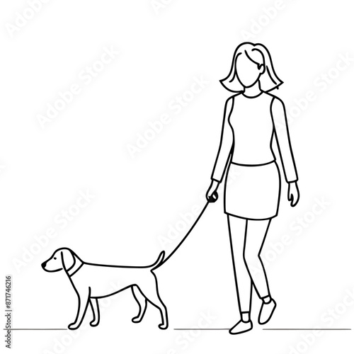 continuous single line drawing of a well-dressed smart woman walking with her dog vector art illustration (12)