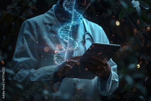 A doctor is holding a tablet and looking at a DNA strand