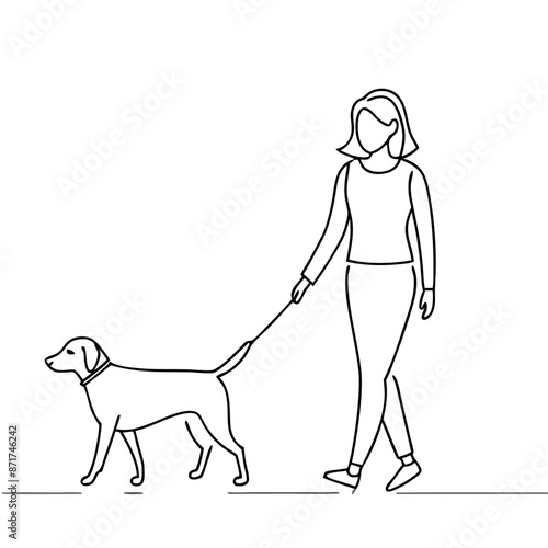continuous single line drawing of a well-dressed smart woman walking with her dog vector art illustration (13)