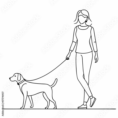 continuous single line drawing of a well-dressed smart woman walking with her dog vector art illustration (28)