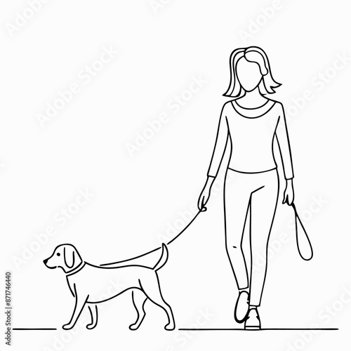 continuous single line drawing of a well-dressed smart woman walking with her dog vector art illustration (27)