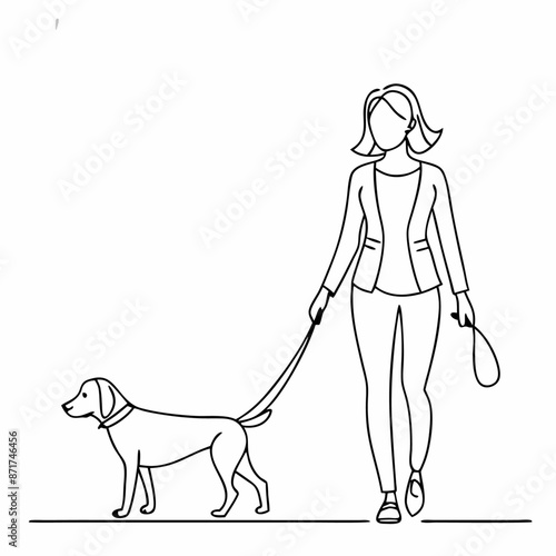 continuous single line drawing of a well-dressed smart woman walking with her dog vector art illustration (29)