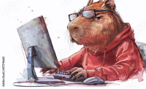 smiling capybara dressed in a sweatshirt and viar glasses and playing a computer game highly detailed photo