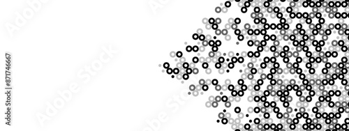 Halftone abstract background of hollow dots. Mosaic texture of random particles. Chaotic ornament. Linear pattern. Design of banner, poster on website, frame for social networks. Vector illustration