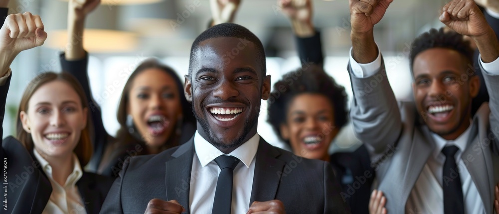 Fototapeta premium A team of business leaders celebrates a significant milestone in a stylish conference room Their joyful expressions and the celebratory atmosphere emphasize the achievement of goals and the rewards