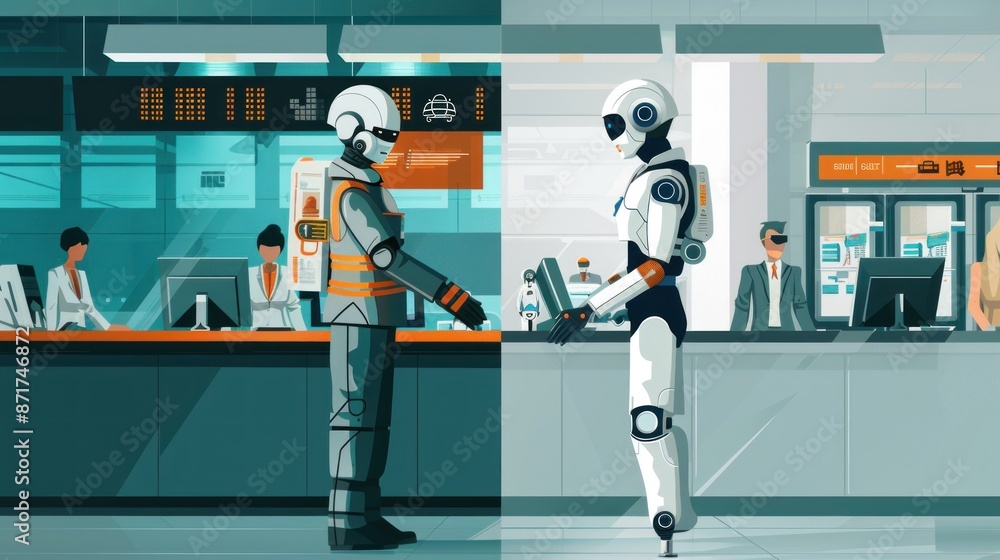 Naklejka premium An image depicting the evolution of banking from human-operated services to AI-driven solutions. On one side, a traditional bank with human staff handling transactions, and on the other, a futuristic