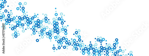 Blue abstract background of hollow dots. Mosaic texture of random particles. Chaotic ornament. Linear pattern. Design of  banner, poster on website, frame for social networks. Vector illustration 